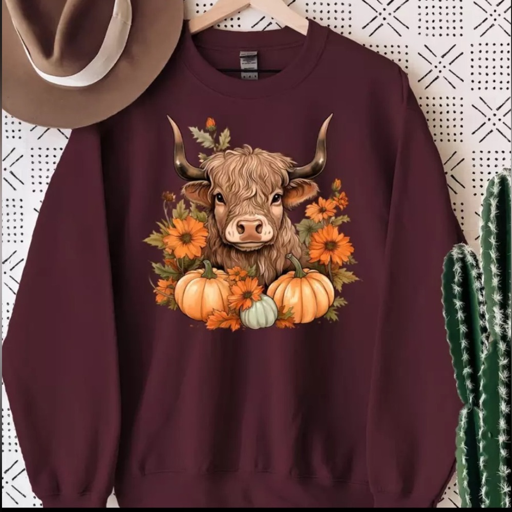 ➕ 🍂🍁 Fall Gildan Highland Cow Pumpkin Sweatshirt Sz 2XL